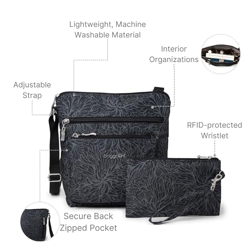 Baggallini Pocket Crossbody Bags for Women 8x8 Small Lightweight Durable Water-resistant Travel Purse W/Rfid - color: Midnight Blossom