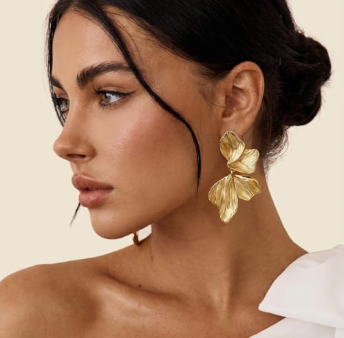 Gold Statement Earrings For Women 18K Gold Plated Sectored Flower Leaf Shell Angel Wing Earring Large Stud Earrings Hypoallergenic Stud - color: Large flower earrings