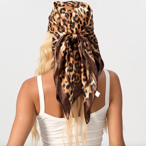 Leopard Print Head Scarf for Women Like Silk Satin Scarf for Hair Wrapping at Night Bandana Square Scarf 35 Inches - color: Dark Coffee Leopard