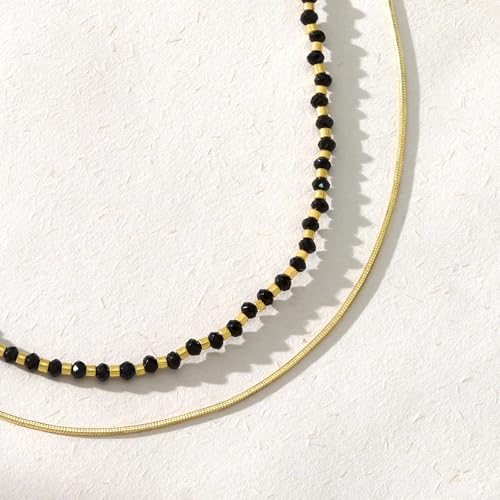 KissYan Beaded Choker Necklace for Women, Colorful Natural Gemstones Pearl Choker 14K Gold Plated Pendant Healing Crystal Necklace Handmade Stone Jewelry Gift - color: O-Black Agate