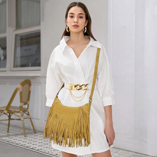 Fringe Hobo Bags for Women Vintage Suede Crossbody Bag Hippie Western Cowgirl Purses Tassel Shoulder Bag - color: Yellow