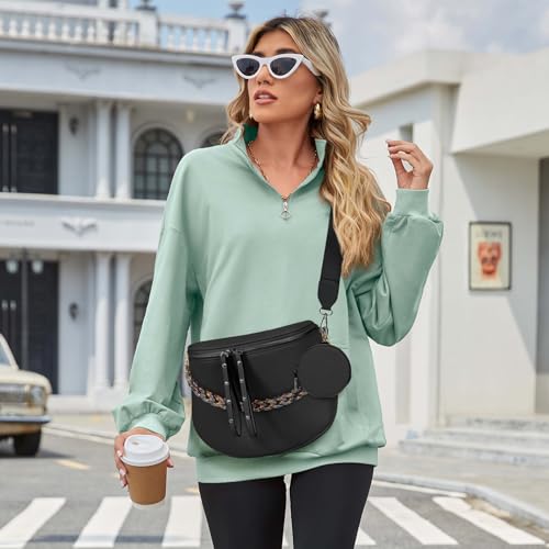 Crossbody Bags for Women, Large Vegan Leather Trendy Bum Bag - color: Black+amber Chain