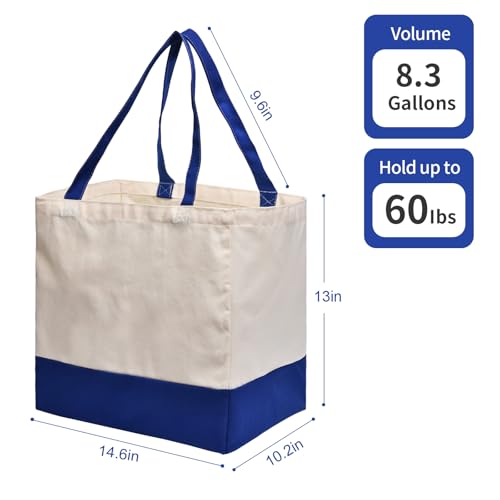 Canvas Reusable Grocery Bags Heavy Duty, 8.3 gal Foldable Large Tote Bag with Handles, Holds 60 lbs Canvas Shopping Bags, 1 Pack - color: [A1] Off White / Blue, size: 1 Pack
