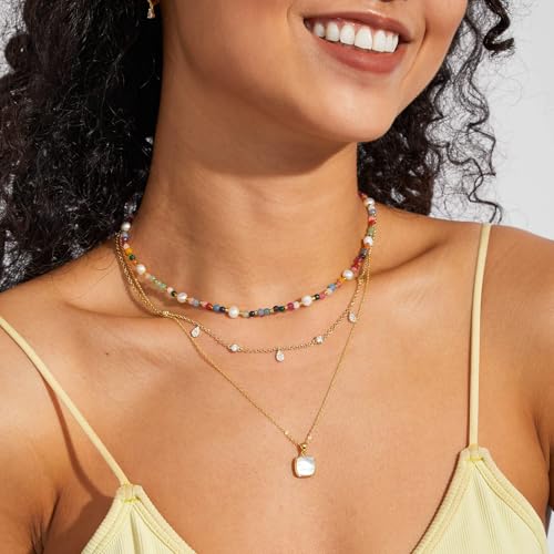 KissYan Beaded Choker Necklace for Women, Colorful Natural Gemstones Pearl Choker 14K Gold Plated Pendant Healing Crystal Necklace Handmade Stone Jewelry Gift - color: A-Rainbow