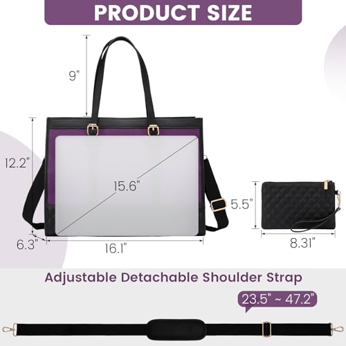 LOVEVOOK Laptop Bag for Women 15.6 inch Canvas Laptop Tote Bag, Large Capacity Work Bag with Clutch Purse, Computer Bag Office Business Briefcase, Casual Handbag for Travel College Teacher School - color: Black & Purple, size: 15.6 inch