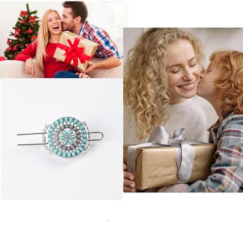 1 Pack Turquoise Flower Hair Clip Metal Hair Sticks Hair Barrettes Green Blue Stone Hairpin for Women Accessories (Blue) - color: Blue