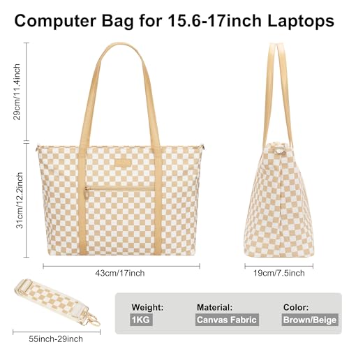 Laptop Tote Bag for Women 17 Inch, Teacher Work Bag with Compartments Business Laptop Bag With 15 Pockets Work Tote Bag - color: A1-brown/Beige Canvas-1pcs