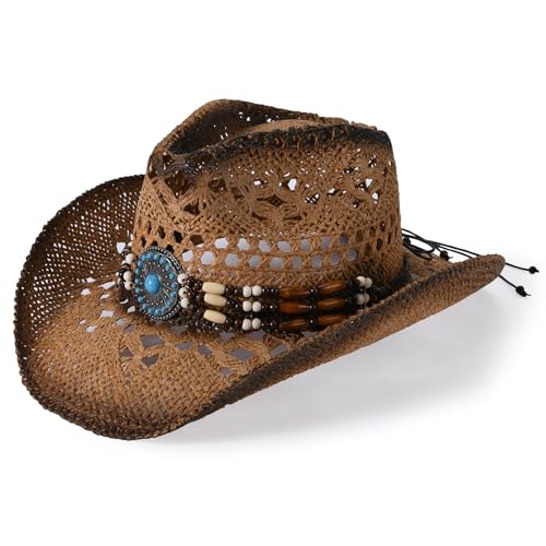 Straw Cowboy Hat for Men Womens Straw Cowgirl Hat Summer Western Cowboy Hats with Wide Brim for Cowgirls and Cowboys - color: Brown