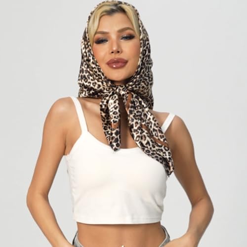 Leopard Print Head Scarf for Women Like Silk Satin Scarf for Hair Wrapping at Night Bandana Square Scarf 35 Inches - color: Light Coffee