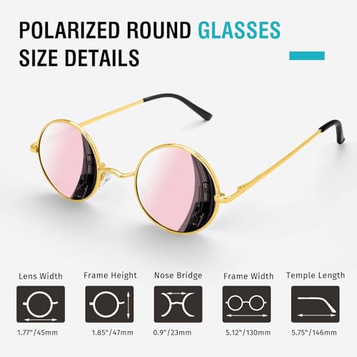 Morcheiong Polarized Hippie Sunglasses Retro Round Glasses for Women Men Vintage Circle Sunglasses UV400 - color: Gold Frame Pink Film