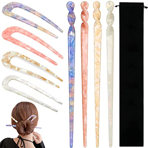 8 Pieces Acetate Hair Pins Sticks U-Shaped Straight Chopsticks Hairpin Hair Styling Accessories, Vintage Hair Pin Fork Hair Clips for Girls Women Updos Buns(Type C)