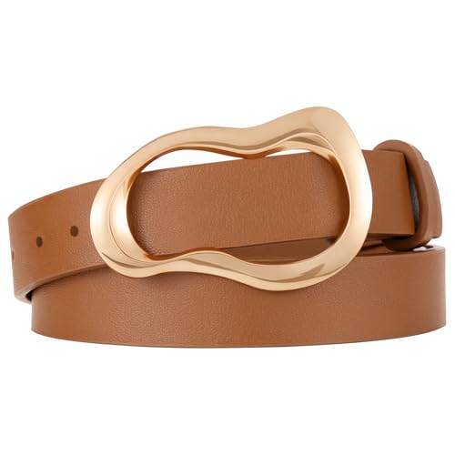 XZQTIVE Leather Belts for Women Casual Fashion Waist Belt for Jeans Pants Dresses with Unique Liquid Shapes Gold Buckle - color: Brown, size: Fit Waist 36-43in