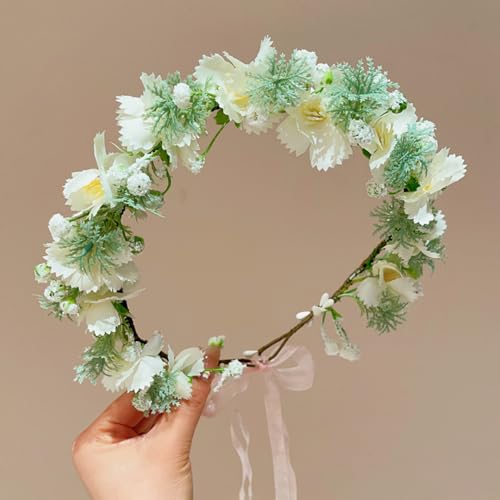 Boho Floral Crown for Women– Adjustable Faux Silk Flower Headband, Handmade Wedding Hair Accessory for Festivals & Photoshoots, Flower Hair Crown for Women (White Flower Leaf, Adjustable) - color: White Flower Leaf