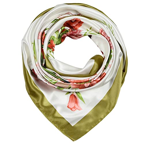 QBSM 35'' Satin Large Square Head Scarf Silk Feeling Neck Scarves Hair Sleeping Wrap Lightweight Headscarf for Women - color: Reseda Flower