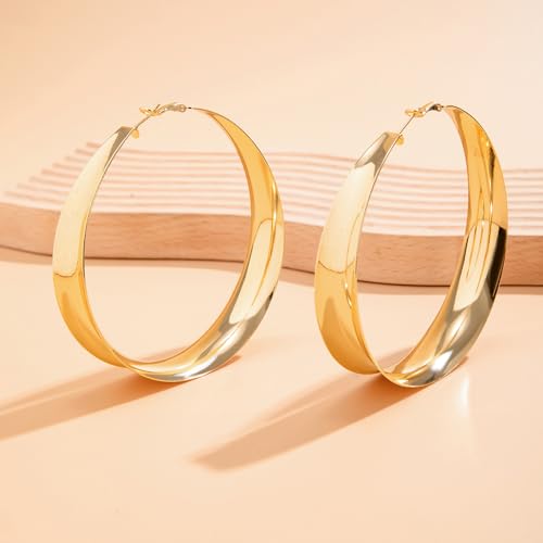 Chunky Gold Silver Hoop Earrings for Women Wide Flat Huggie Hoops Dangle Earrings Big Large Punk Smooth Surface Statement Earrings Fashion Jewelry - color: B Gold