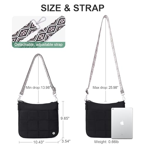 Anti Theft Crossbody Bags for Women,Quilted Puffer Travel Purses Shoulder Hobo Bag Handbag with Guitar Strap - color: Black