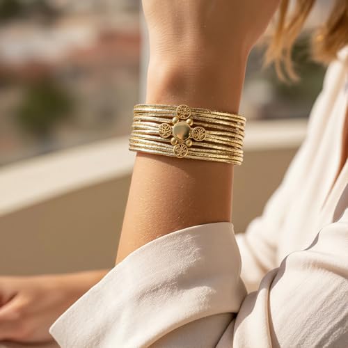 Edoneery Leather Wrap Bracelet for Women, Boho Handmade Multi-Layer Cuff with Crystal Beads Heart, Stackable Bangle Western Jewelry Gift - style: Circle(Gold)