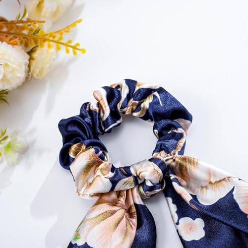 Boho Hair Scarf Scrunchies for Women Bow Hair Ties Floral Hair Scrunchies Silk Elastic Ponytail Holder Hair Accessories for Girls 4 pcs (Flower-2) - color: Flower-2
