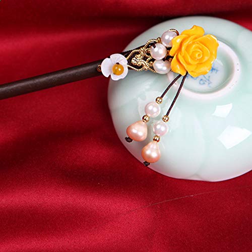 Wooden Hair Pins 7" Chinese Yellow Flower Hair Sticks For Long Hair 1 Pack Buns Accessories for Girl - color: A