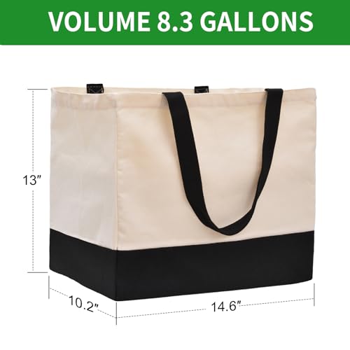 3 Pack Canvas Reusable Grocery Bags Heavy Duty, 8.3 gal Foldable Large Canvas Tote Bag with Handles, Holds 60 lbs Canvas Shopping Bags & Washable Eco-friendly Bags with 5 Pockets, Off white Black - color: [A0] Off White / Black, size: 3 Pack