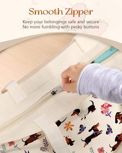 Miss Adola Canvas Tote Bag with Zipper – Cute Canvas Bags for Women Aesthetic Design Reusable Totes for Shopping Work Travel - style: Colorful Dachshund