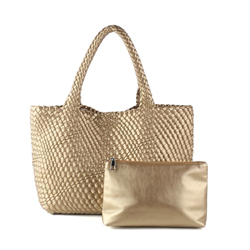 Handmade Woven Bag Satchel Handbag For Women Vegan Leather Tote Bag With Purses Travel Shoulder Bag Underarm Bag - color: Gold