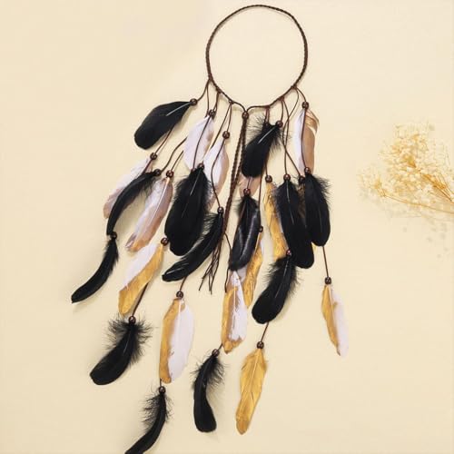 GORTIN Boho Feather Headband Gypsy Headpiece Headdress Bohemian Hippie Headbands Indian Festival Hair Band Adjust Long Feather Hair Accessories for Women and Girls (Black+Gold) - color: Black+Gold