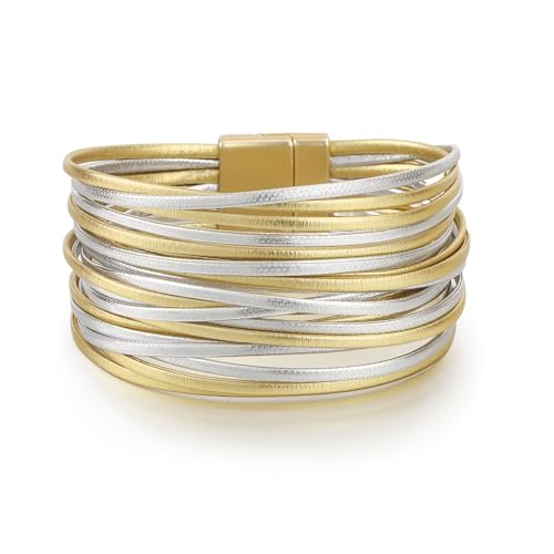 Edoneery Leather Wrap Bracelet for Women, Boho Handmade Multi-Layer Cuff with Crystal Beads Heart, Stackable Bangle Western Jewelry Gift - style: String Leather(GoldSilver)