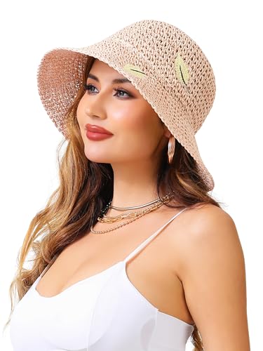 LA CARRIE Womens Sun Hat Floppy Packable Wide Brim UV Protection UPF 50+ Straw Hat with Embroidery for Summer Beach - color: Pink