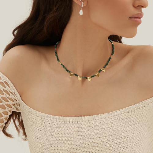 KissYan Beaded Choker Necklace for Women, Colorful Natural Gemstones Pearl Choker 14K Gold Plated Pendant Healing Crystal Necklace Handmade Stone Jewelry Gift - color: F-Green Agate