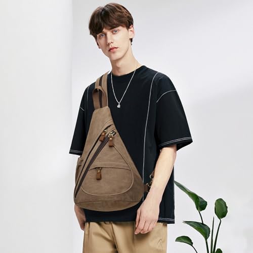 KL928 Canvas Sling Bag - Small Crossbody Backpack Shoulder Casual Daypack Rucksack for Men Women(Large Version,Brown) - color: Canvas-brown