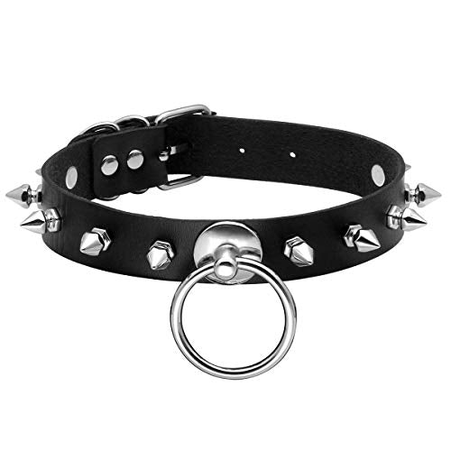 Eigso Vintage Punk Goth Studded Rivet Pu Leather Collar Choker Necklace with Spikes Adjustable - color: D-Black