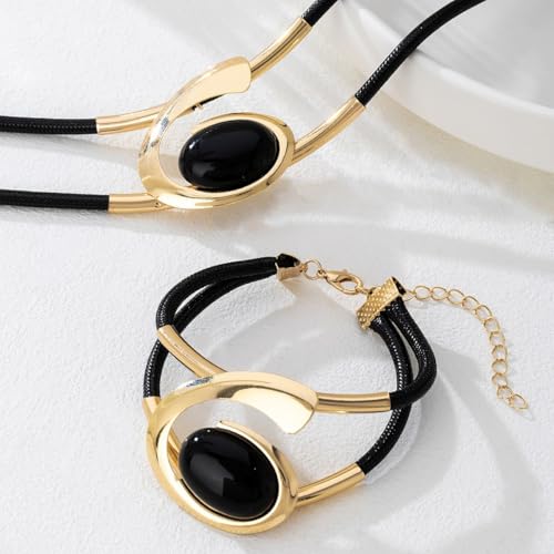 Gold Jewelry Set, Silver Black Boho Western Chunky Vintage Pendant Necklace Stack Trendy Adjustable Non Tarnish Cowgirl Dainty Hypoallergenic Earrings Jewelry Sets For Women - color: Bracelet & Necklace Set