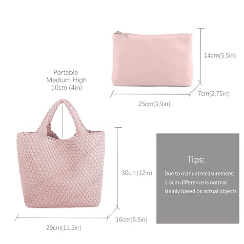 Handmade Woven Bag Satchel Handbag For Women Vegan Leather Tote Bag With Purses Travel Shoulder Bag Underarm Bag - color: Pink-a