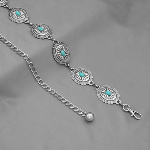 Women's Concho Chain Belt Western Cowgirl Metal Waist Chain Belt for Dress - color: B Silver, size: M: 47.2 in