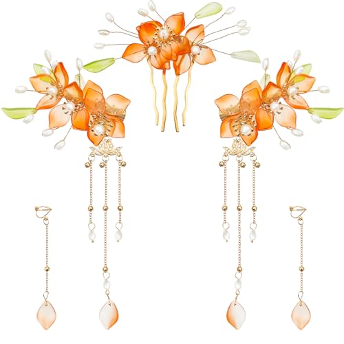 5PCS Flower Tassels Hairpin for Women, Chinese Tassel Hair Stick Peony Flower Crystal Pearl Hanfu Metal Hair Pins Sticks Chopsticks Bun Updo Holders Accessories for Women Girls (Style 4)