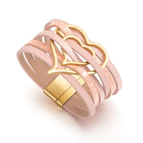 Edoneery Leather Wrap Bracelet for Women, Boho Handmade Multi-Layer Cuff with Crystal Beads Heart, Stackable Bangle Western Jewelry Gift - style: Heart(Pink)