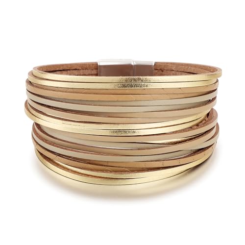 Edoneery Leather Wrap Bracelet for Women, Boho Handmade Multi-Layer Cuff with Crystal Beads Heart, Stackable Bangle Western Jewelry Gift - style: Leather(Gold)