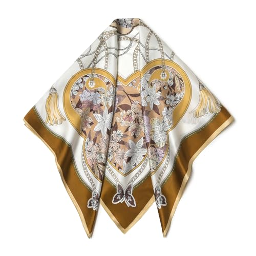 SHIROUYU 100% Pure Mulberry Silk Scarf 35" Large Square Lightweight Headscarf –Women’s Hair Wraps The shawl-With Gift Packed - color: Brown-15