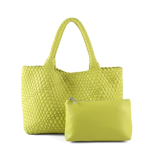 Handmade Woven Bag Satchel Handbag For Women Vegan Leather Tote Bag With Purses Travel Shoulder Bag Underarm Bag - color: Fruit Green