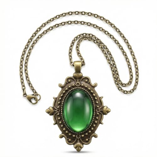 Gothic Vintage Gem Pendant Necklace | Victorian Style Filigree Silver-Tone Jewelry | Ideal Gift for Party Cosplay & Daily Wear - color: Vintage Green