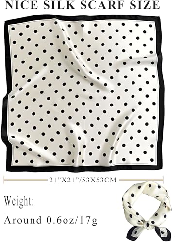 100% Mulberry Silk Scarf for Women Hair Lightweight Square Neckerchief Wrap For Head Scarves 21" - color: 26-white Black Point /21"*21"