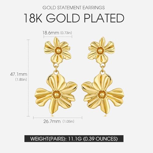 Gold Statement Earrings For Women 18K Gold Plated Sectored Flower Leaf Shell Angel Wing Earring Large Stud Earrings Hypoallergenic Stud - color: Flower Drop Earrings