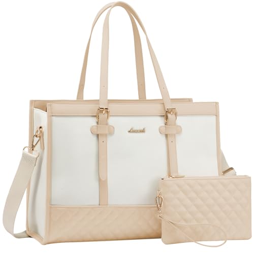 LOVEVOOK Laptop Tote for Women - 15.6 inch Canvas Laptop Bag, Large Capacity Work Bag with Clutch Purse, Computer Office Business Briefcase, Casual Handbag for Travel, College, Teacher, School - color: Grey & White, size: 15.6 inch
