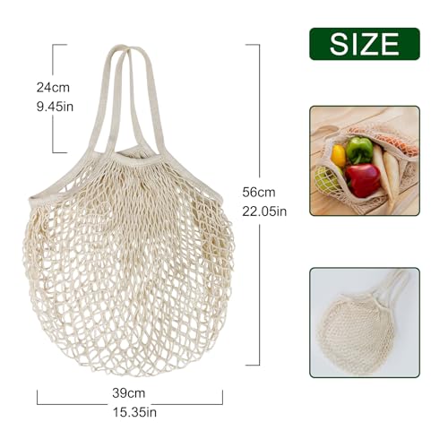 2-Pack Reusable Mesh Grocery Bags, 100% Cotton String, Long Handle Produce Bags, Fruit & Veggie Storage - color: Beige