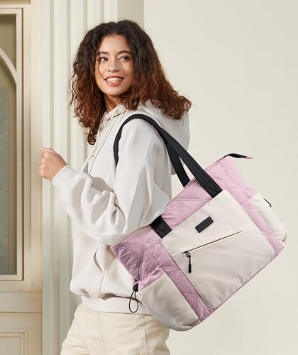 LOVEVOOK Tote Bag for Women, puffer tote bag for Work Travel Nurse, Lightweight quilted Bags with Compartments - color: M-15.6 Inch-crepe Pink-white-black