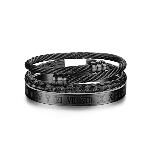 YADOCA 3 Pcs Stainless Steel Bracelets for Men Gold Silver Black Men Bracelet Adjustable Cuff Roman Numeral Bangle Bracelets Mens Luxury Bracelet Set Jewelry Gifts Trendy Gold Accessories - color: C:Black-1