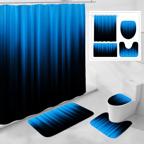 Litabel 4 Pcs Blue and Black Gradient Shower Curtain Set with Rugs and Toilet Lid Cover, Modern Simple Waterproof Fabric Bathroom Set, Ombre Stripe Gothic Abstract Bathroom Decor Set Accessories - color: Blue