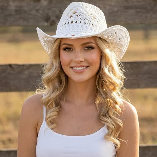 Men & Women's Summer Cowboy Cowgirl Straw Hat Hollow Out Woven Roll Up Wide Brim Sun Hat with Chin Strap - color: White