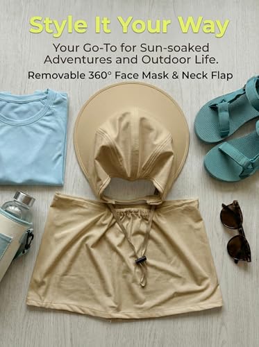 Outdoor Wide Brim Sun Hat Visor for Women, Detachable Face & Neck Cover, Hiking Gardening UPF 50+, Ponytail Friendly - color: Light Khaki